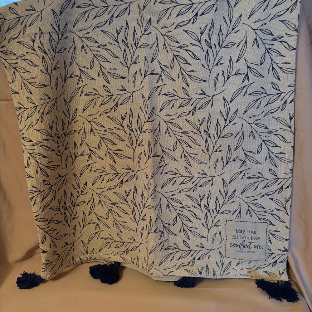 Mary & Martha Blue and Cream Leaf Pattern Throw Blanket May Your Faithful Love